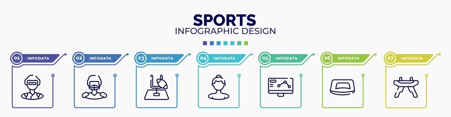 infographic for sports concept. vector infographic template with icons and 7 option or steps. included skydiver, hockey player, rugby goal, null, telemetry, push up, pommel horse editable vector.