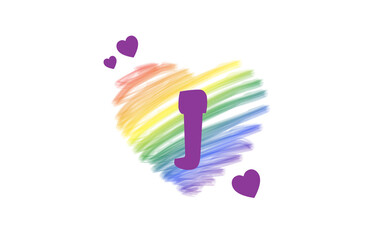J Heart Letter Logo Design with Rainbow Color Brush Stroke Paint, Vector Illustration.