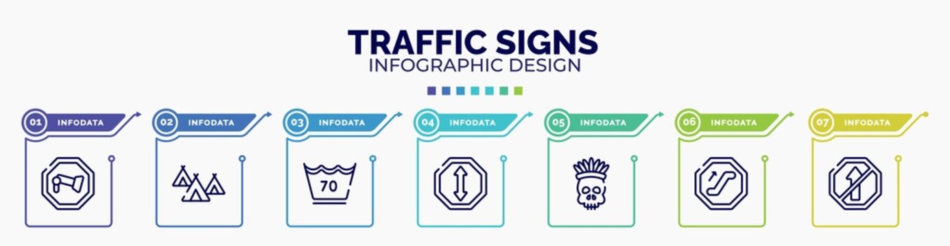 infographic for traffic signs concept. vector infographic template with icons and 7 option or steps. included camera, indian village, 70 degrees, ahead, native american skull, or, no straight