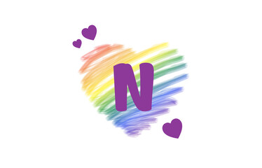 N Heart Letter Logo Design with Rainbow Color Brush Stroke Paint, Vector Illustration.