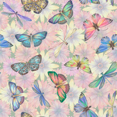 Seamless watercolor background. Butterflies and dragonflies on a background of flowers. Colorful botanical background for design, textiles, wallpapers.