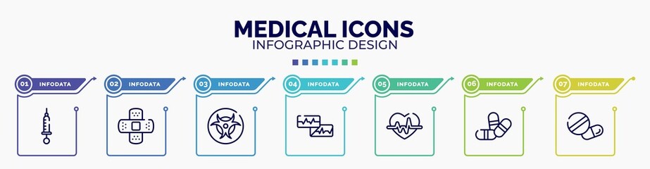 infographic for medical icons concept. vector infographic template with icons and 7 option or steps. included syringe with medicine, bandage cross, toxic, electrocardiogram report, heart with