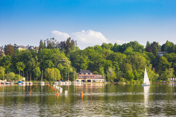 Sailing boat at the river Ruhr in the Baldeney lake near Essen, Germany