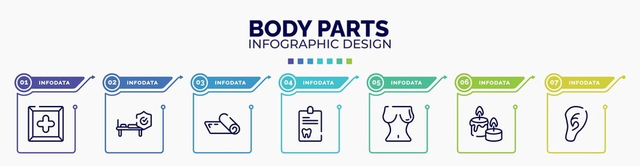 infographic for body parts concept. vector infographic template with icons and 7 option or steps. included cross inside a square, hospitalization, yoga mat, dental record, breasts, candle and stone,