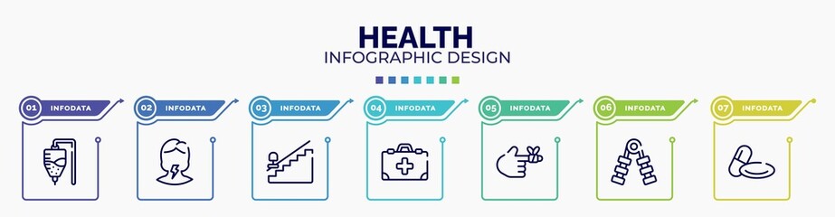 infographic for health concept. vector infographic template with icons and 7 option or steps. included medicine hanging bag, sore throat, null, medicine kit with first aid, bandaged hurt finger,