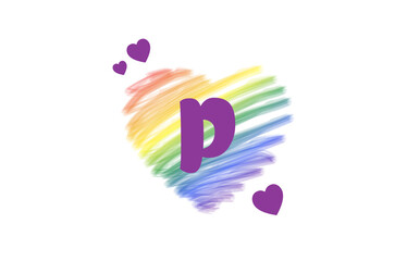 P Heart Letter Logo Design with Rainbow Color Brush Stroke Paint, Vector Illustration.
