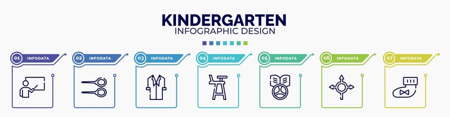 infographic for kindergarten concept. vector infographic template with icons and 7 option or steps. included educator, badminton, lab coat, highchair, driving school, roundabout, booties editable