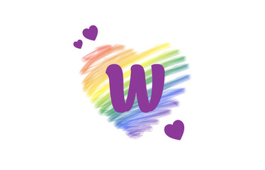 W Heart Letter Logo Design with Rainbow Color Brush Stroke Paint, Vector Illustration.