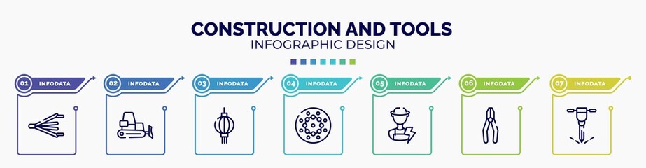 infographic for construction and tools concept. vector infographic template with icons and 7 option or steps. included bellows, dozer, paper lantern, beadwork, electrician, crimping pliers, puncture