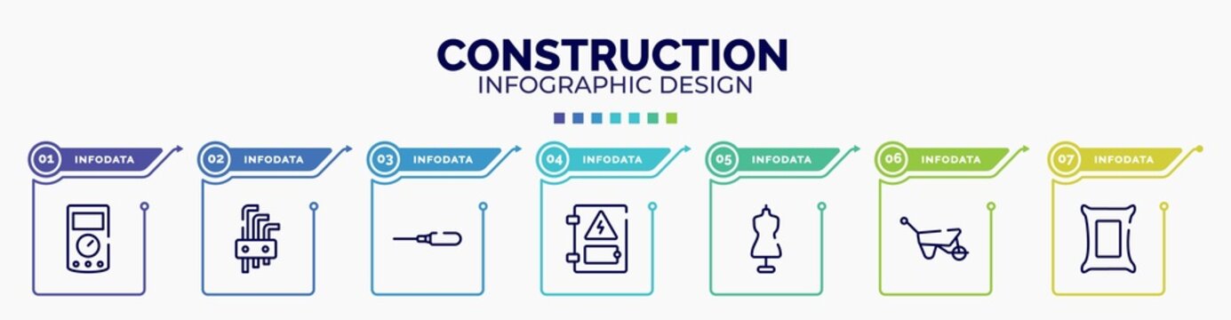 infographic for construction concept. vector infographic template with icons and 7 option or steps. included ammeter, allen keys, autoloader, electrical panel, tailor, barrow, cement editable
