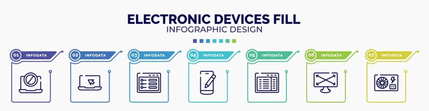 Infographic For Electronic Devices Fill Concept. Vector Infographic Template With Icons And 7 Option Or Steps. Included No Computer, Laptop With Arrow, Ui De, Edit Smartphone, Program Interface,