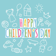 Happy Children's Day. Doodle holiday illustration to the International Children's Day. Children Art style drawing with colored pencils sketch on blue background. Vector logo with two funny baby.