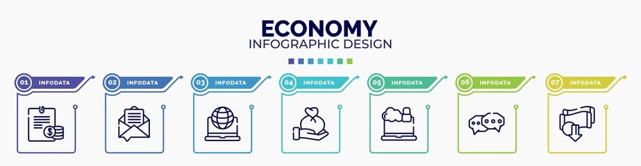 infographic for economy concept. vector infographic template with icons and 7 option or steps. included planing, email marketing, intranet, wage, cybercrime, chat bubble, devaluation editable