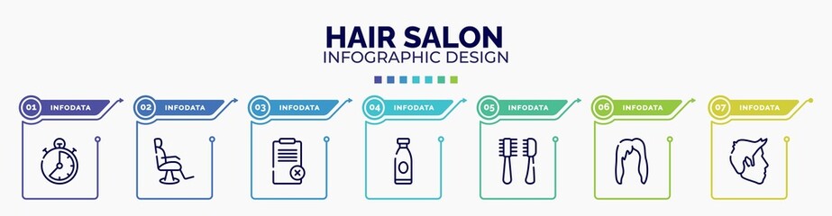 infographic for hair salon concept. vector infographic template with icons and 7 option or steps. included stopclock, barber chair, disclaimer, lotion, pets hair salon tools kit, female hair, short