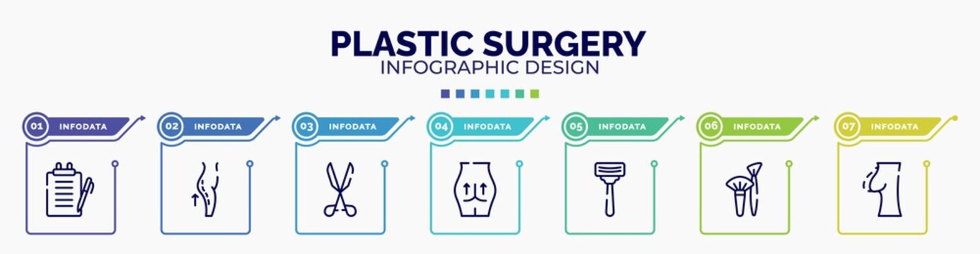 infographic for plastic surgery concept. vector infographic template with icons and 7 option or steps. included medical report, lifting, medical tools, null, shaving, brushes, nipple editable
