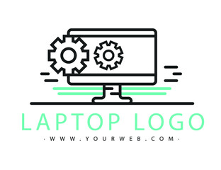 Computer logo design. Pc fix, repair icon. Computer maintenance service. Coding, software. Computer tech shop. Computer help logotype badge, brand logo, name symbol, sign, emblem. Vector illustration.
