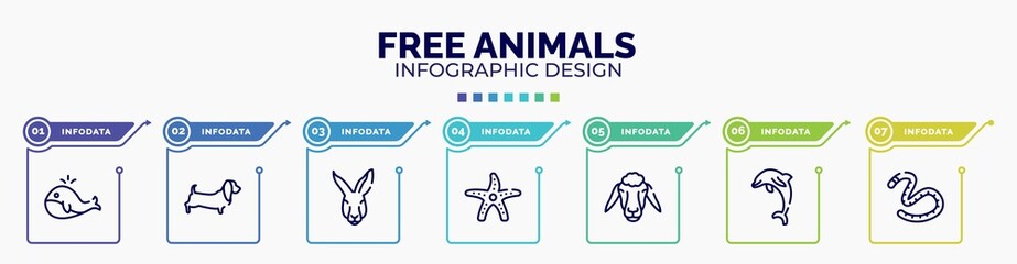 infographic for free animals concept. vector infographic template with icons and 7 option or steps. included big whale, dog with long ears, kangaroo head, starfish with dots, sheep head, jumping