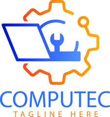 Computer logo design. Pc fix, repair icon. Computer maintenance service. Coding, software. Computer tech shop. Computer help logotype badge, brand logo, name symbol, sign, emblem. Vector illustration.