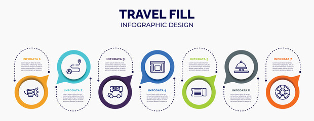 infographic for travel fill concept. vector infographic template with icons and 7 option or steps. included blimp, journey, rent a car, sick bag, fly ticket, hotel bell ringing, life bouy for