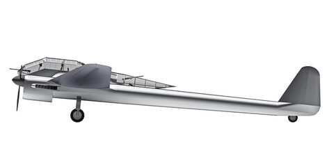 Three-dimensional model of the bomber aircraft of the second world war. A large glass cabin with machine guns on the sides of the hull. Shiny gray airplane on a white background. 3d illustration.