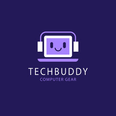 Computer logo design. Pc fix, repair icon. Computer maintenance service. Coding, software. Computer tech shop. Computer help logotype badge, brand logo, name symbol, sign, emblem. Vector illustration.