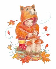 Watercolor illustration. A cute little child collects mushrooms in autumn. The month of September. Vector on an isolated background.