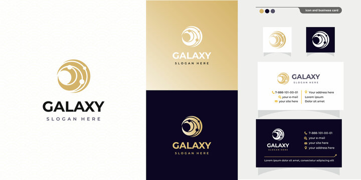 Galaxy Logo template with creative modern concept logo and business card design premium. Orbit planets in round icon for logo IT, concept design from space exploration, astrology. Vector illustration