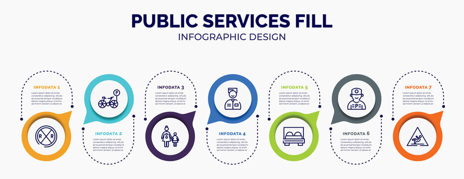 infographic for public services fill concept. vector infographic template with icons and 7 option or steps. included railroad crossing, bike parking, mother and child, valet, bed, parking worker,