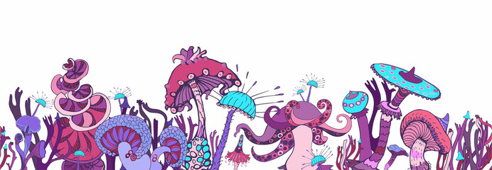 Obraz premium Horizontal stripe seamless pattern of fantasy decorative magic mushrooms various shape on white background. Beautiful magic landscape, hand drawn concept. Vector illustration