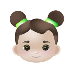 Vector 3d illustration, the head of a girl with light skin and brown hair,hairstyle two buns. Avatar, icon for the application. Kawaii smiling cartoon character.Suitable for children's products, books