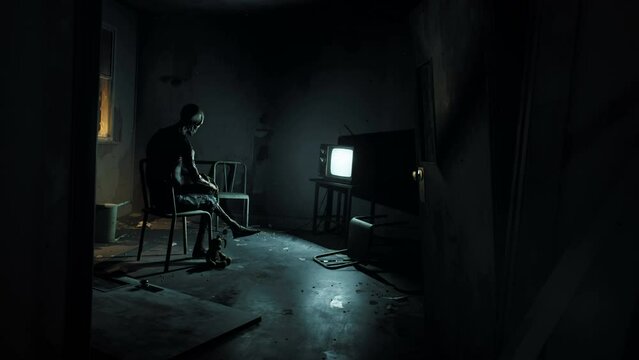 Sitting on a chair is a skeleton of a man in front of a television set that shows static noise in a mystical room. Post-apocalyptic atmosphere. Animation ideal for apocalyptic and horror backgrounds.