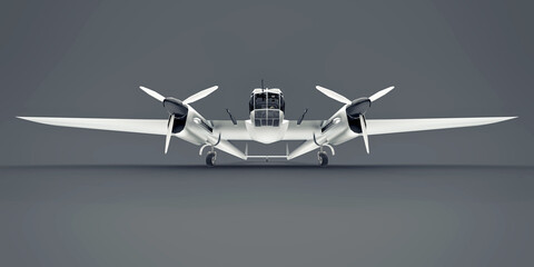 Three-dimensional model of the bomber aircraft of the second world war. Shiny aluminum body with two tails and wide wings. Turboprop engine. Shiny airplane on a gray background. 3d illustration.