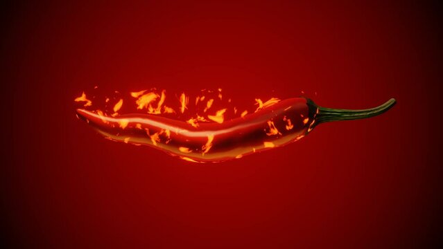 Red chili pepper with flames against a red gradient background, hot and spicy food concept, 3d animation
