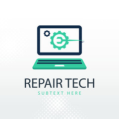 Computer logo design. Pc fix, repair icon. Computer maintenance service. Coding, software. Computer tech shop. Computer help logotype badge, brand logo, name symbol, sign, emblem. Vector illustration.