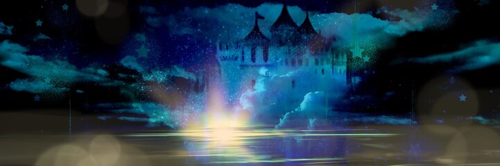 Silhouettes of beautiful European castles floating in the deep lake on a starry night	