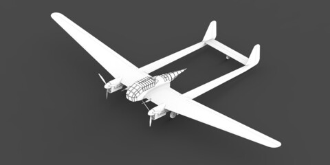 Three-dimensional model of the bomber aircraft of the second world war. Body with two tails and wide wings. Turboprop engine. Drawn airplane on a gray background. 3d illustration.