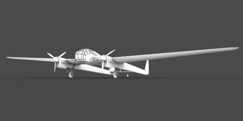 Fototapeta na wymiar Three-dimensional model of the bomber aircraft of the second world war. Body with two tails and wide wings. Turboprop engine. Drawn airplane on a gray background. 3d illustration.