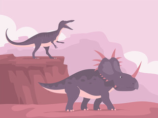 Styracosaurus vs baryonyx. Ceratops with dangerous horns. Ancient dinosaur pangolin. Dinosaur of the Jurassic period. Science paleontology. Vector cartoon illustration of prehistoric nature