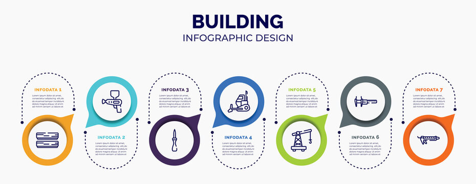 infographic for building concept. vector infographic template with icons and 7 option or steps. included boards, spray gun, null, bulldozing, small crane, calipers, sealant for abstract background.