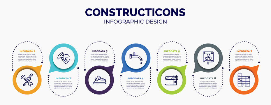 infographic for constructicons concept. vector infographic template with icons and 7 option or steps. included wrench and screwdriver cross, hammer in hand, wood brush tool, stopcock, road barrier,