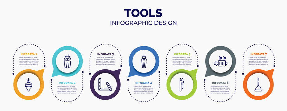 infographic for tools concept. vector infographic template with icons and 7 option or steps. included plumb bob, jumpsuit, drawing tool, overalls, hand tool, starter, plunger for abstract