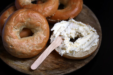 Fresh bagels. Bagel with cream cheese.
