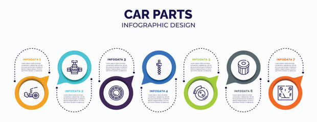 infographic for car parts concept. vector infographic template with icons and 7 option or steps. included car exhaust, car jack, bearing, coil, disc brake, oil filter, petrol gauge for abstract