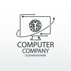 Computer logo design. Pc fix, repair icon. Computer maintenance service. Coding, software. Computer tech shop. Computer help logotype badge, brand logo, name symbol, sign, emblem. Vector illustration.