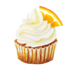 Watercolor illustration of sweet cupcakes with fruits. Cliparts isolated for different cafe menu or food designs