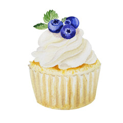 Watercolor illustration of sweet cupcakes with fruits. Cliparts isolated for different cafe menu or food designs