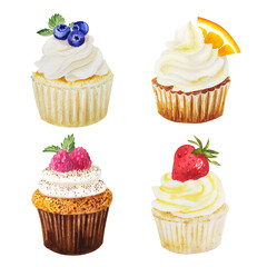 Watercolor illustration of sweet cupcakes with fruits. Cliparts isolated for different cafe menu or food designs