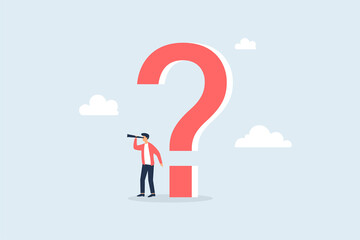 Curiosity, seeing opportunities for success and business in the future. Businessman illustration concept with big question mark and looking using binoculars. Vector illustration