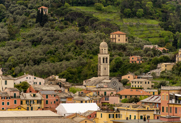 Naklejka premium Italy Liguria La Spezia Levanto 5 Terre, panoramic view of the town of the sea, in the background the church of Sant'Andrea