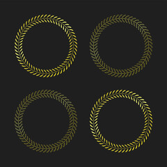 Golden olive circle frames set. 4 vintage ornaments silhouettes and outlines isolated on white.